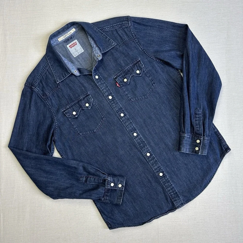 Levis Denim Shirt Modern Fit Sawtooth Pearl Snap Men M Dark Blue Western Rancher